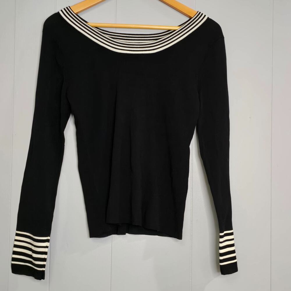 Ziani Couture Womens Black Knit Scoop Neck Striped Trim Long Sleeve Top Size M‎